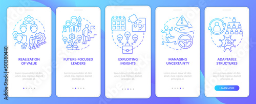 Innovation management basics blue gradient onboarding mobile app screen. Walkthrough 5 steps graphic instructions pages with linear concepts. UI, UX, GUI template. Myriad Pro-Bold, Regular fonts used