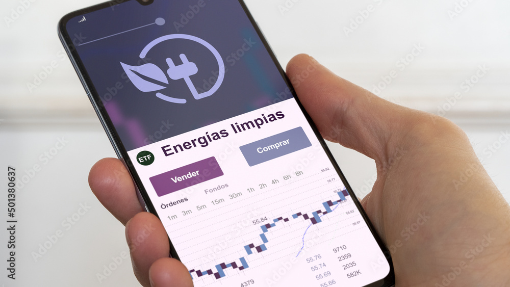 Energia limpias, energías verdes, fondo de inversión negociado en bolsa mundial, datos del mercado de valores en el teléfono. Análisis de negocios de una tendencia ETF. Blue chips. Texto en español Energia limpias, energías verdes, fondo de inversión negociado en bolsa mundial, datos del mercado de valores en el teléfono. Análisis de negocios de una tendencia ETF. Blue chips. Texto en español