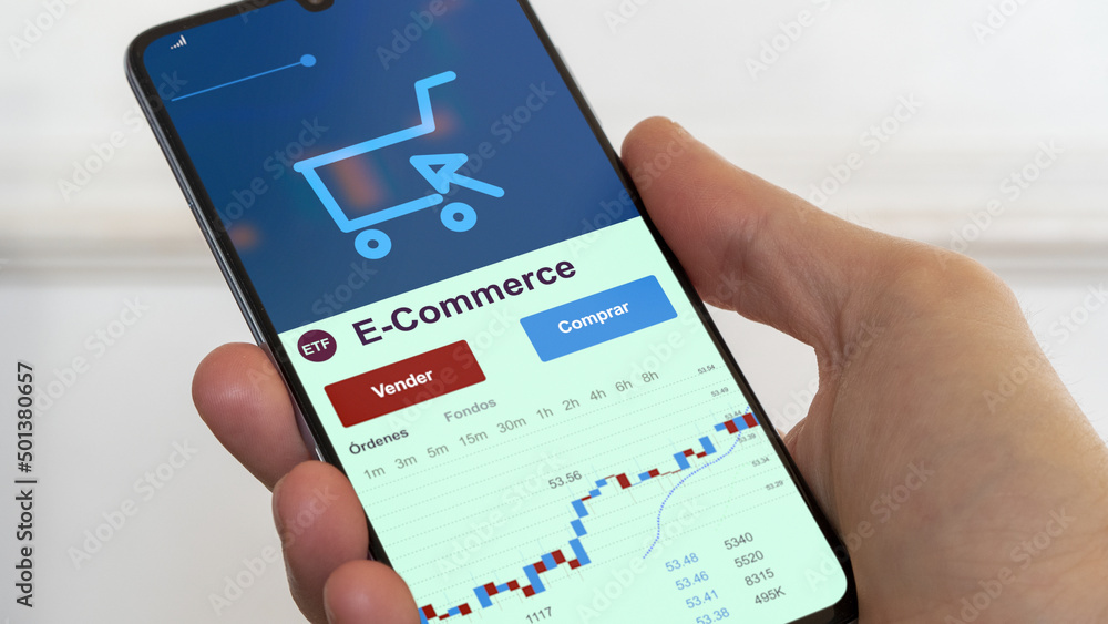 Fondo de inversión etf negociado en bolsa mundial, Datos del mercado de valores en el teléfono. Análisis de negocios de una tendencia ETF. Fondo e commerce. Texto en español Fondo de inversión etf negociado en bolsa mundial, Datos del mercado de valores en el teléfono. Análisis de negocios de una tendencia ETF. Fondo e commerce. Texto en español