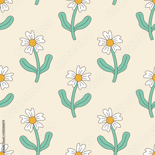 Seamless vector pattern with groovy daisy flower. 70s, 80s, 90s vibes funky background. Retro camomile vector texture. Vintage nostalgia elements for design and print