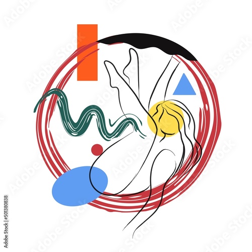 Abstract vector print design with woman body, lines, circles and doodle elements. Colored poster, fashion illustration with geometric pattern