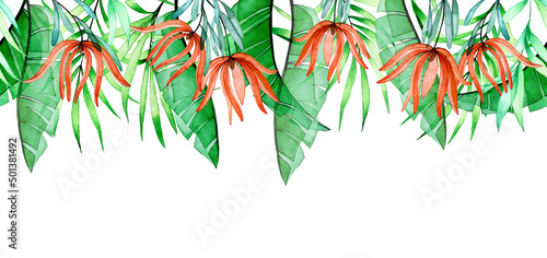 watercolor seamless border with tropical transparent flowers and leaves. palm leaves, banana, protea flowers