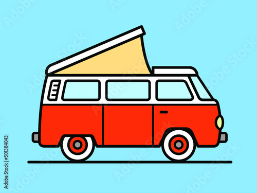 Vector illustration of a vintage  camper van with roof tent photo