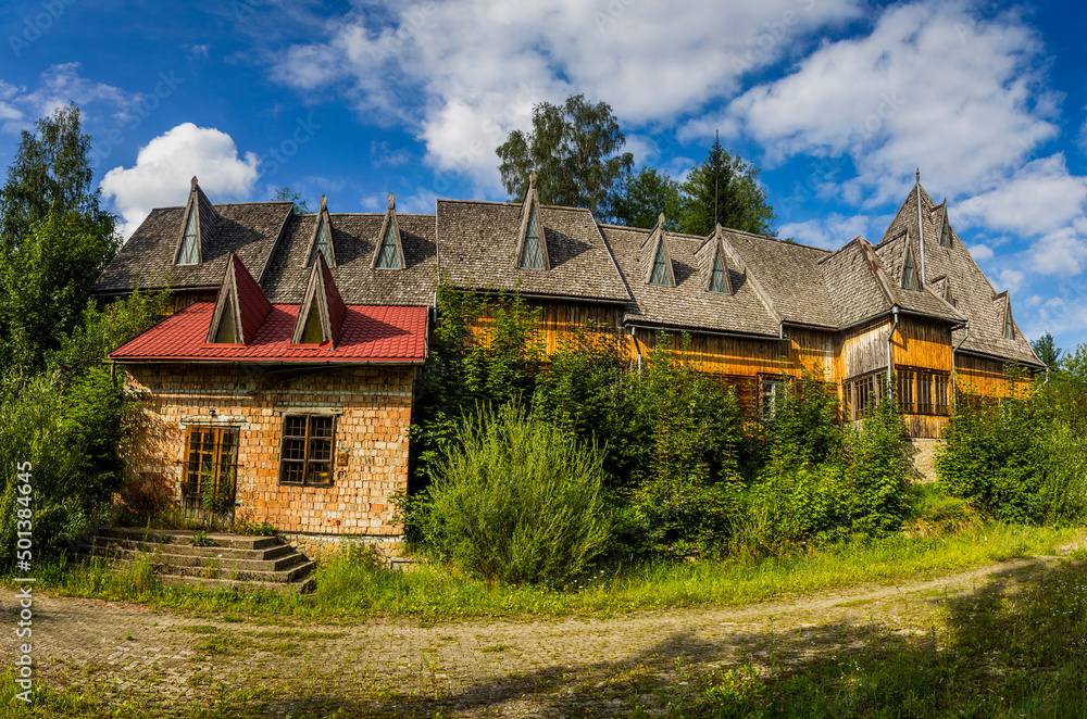 one wooden house of abandoned sanatorium in Ukrainian Carpathian