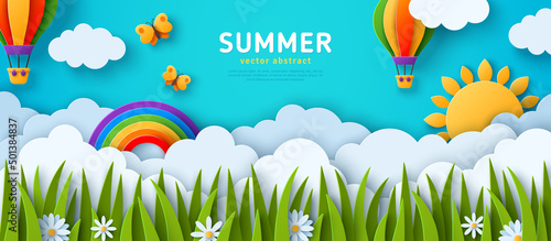Beautiful fluffy clouds on blue sky background, summer sun, butterfly, hot air balloons and rainbow. Green grass lawn and daisy flowers. Vector illustration. Paper cut style header. Place for text