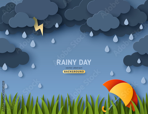 Overcast sky, thunder and lightning in paper cut style. Green grass lawn, umbrella, landscape border. Vector illustration. Rainy day concept with dark clouds.