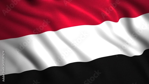 Yemen flag in slow motion animation waving in the wind, realistic background. Motion. Red, white, and black flag cloth, seamless loop. photo