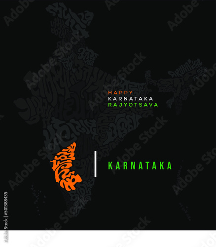 Happy Karnataka Rajyotsava. Karnataka map typography in Kannada script and indian states map with th photo