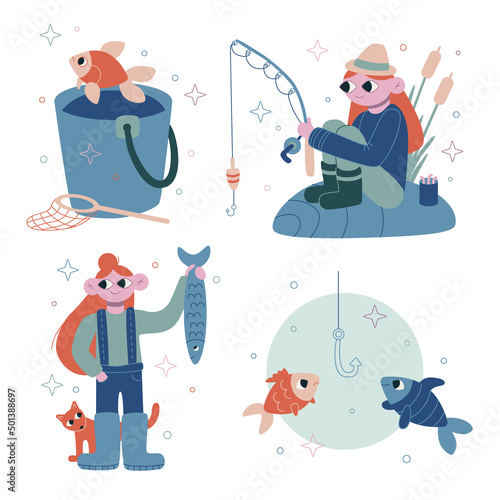 Vector colorful illustration isolated on white. Fishing set. Fisherman caught a big catch. Fishing with fishing rod.
