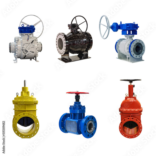 six valves of various designs with manual control for a gas pipeline on a white background