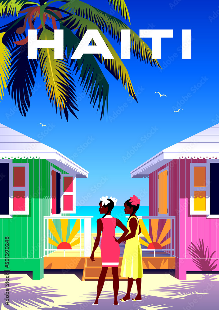 Haiti travel poster. Beautiful landscape with children, bungalows, beach, palms and sea in the background. Handmade drawing vector illustration. - obrazy, fototapety, plakaty 