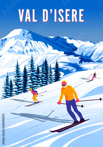 Val D'Isere Travel Poster. Handmade drawing vector illustration.
