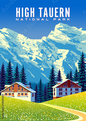 Summer countryside in Austria with traditional houses and mountains in the background. High Tauern National park poster. Handmade drawing vector illustration.