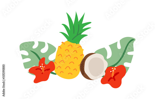 Vector illustration with exotic tropical fruits and flowers. Pineapple. coconut, hawaiian flower hibiscus and monstera leaves on isolated background. 