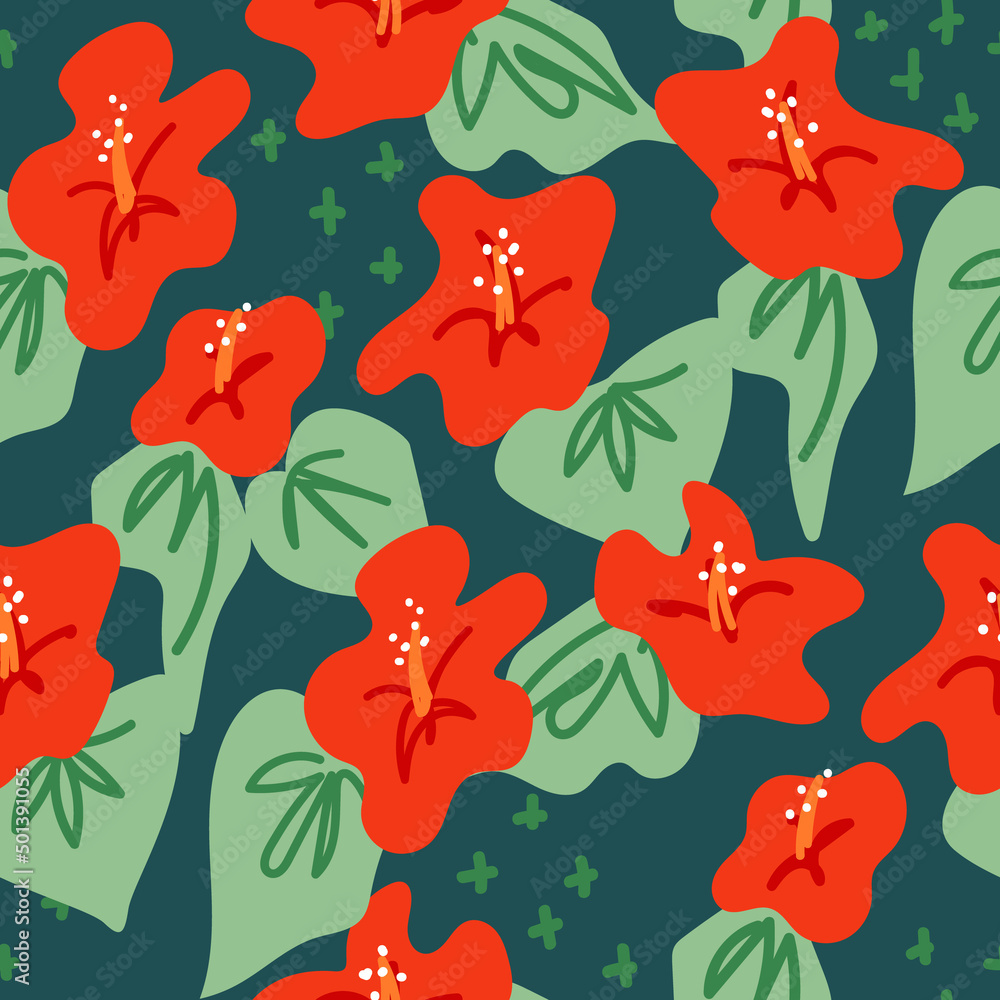 Vector seamless pattern with tropical red hibiscus flowers and green leaves. Summer exotic background. Abstract organic shapes flowers.