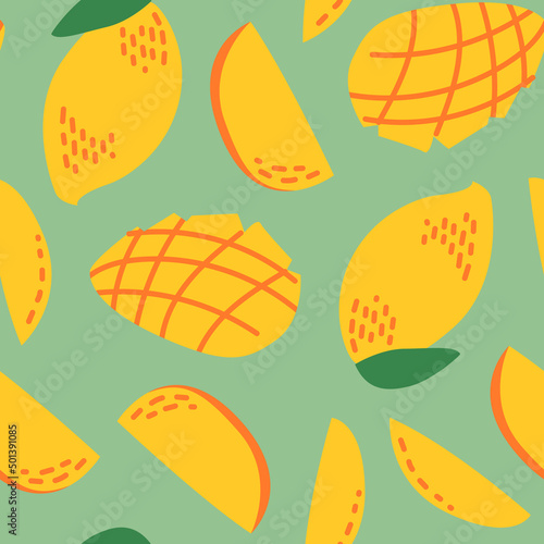 Seamless pattern with tropical mango fruit and slices. Vector green background. Colorful trendy exotic print