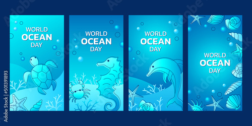 World ocean day banner collection with seahorse, turtle, dolphin and sea shells. Vector illustration.