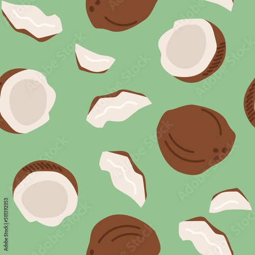 Seamless pattern with various coconuts. Exotic fruits. Vector summer background. 