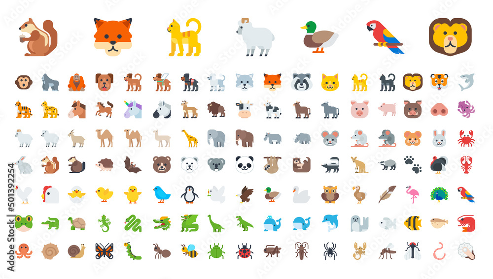 All Animal Emoticons in One Big Set. Birds, Reptiles, Mammals Animals Icon  Collection. Animal Illustration Collection Stock Vector | Adobe Stock