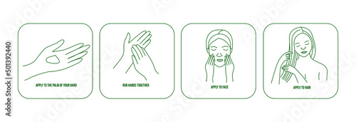 face cream and hair serum apply steps palm of hands, face, and hair. line icons vector illustration