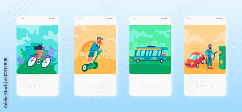 Eco city transport. Bicycle, gyroscooter, electric car and bus. Mobile app screens, vector website banner template.