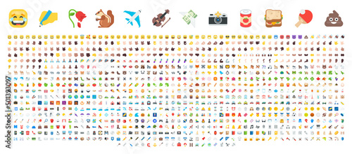 All Emoticons in One Big Collection. Emoji Vector Set. Transport, Animal, Sport, Music, Technology and Food Icon Set photo