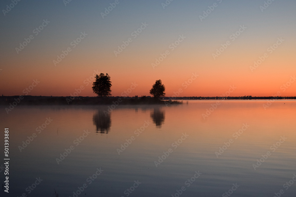 Mesmerizing view of trees with reflection in a lake during susnet in ...