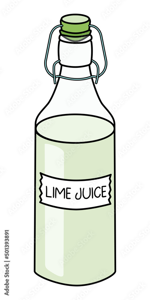 Doodle cartoon style lime juice in a swing top bottle with stopper. Yellow lime, lemon and sugar syrup home-made cocktail ingredient. For card, stickers, posters, bar menu or cook book recipe.