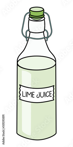 Doodle cartoon style lime juice in a swing top bottle with stopper. Yellow lime, lemon and sugar syrup home-made cocktail ingredient. For card, stickers, posters, bar menu or cook book recipe.