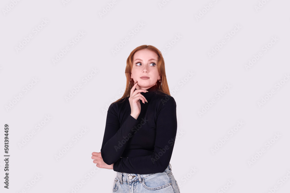 pensive young woman shrugging her shoulders isolated on white background pensive young woman shrugging her shoulders isolated on white background