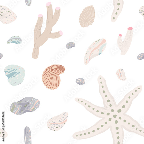 Beige seamless pattern with seashells, starfish and pebble on white background. Pastel vector hand drawn illustrations.
