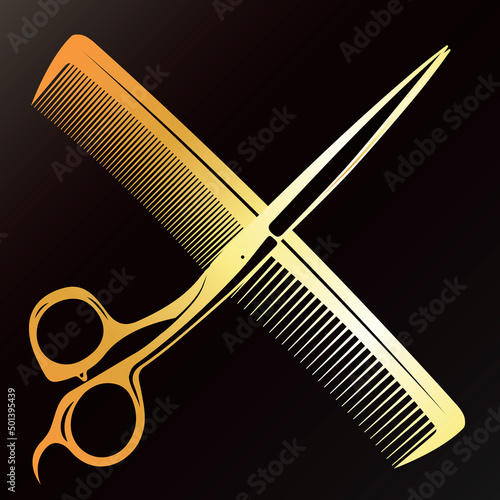 Scissors and comb gold symbol. Sign for stylist and beauty salon