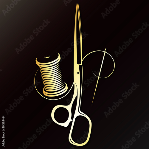 Golden design for a tailoring and tailoring salon. Scissors needle and spool of thread