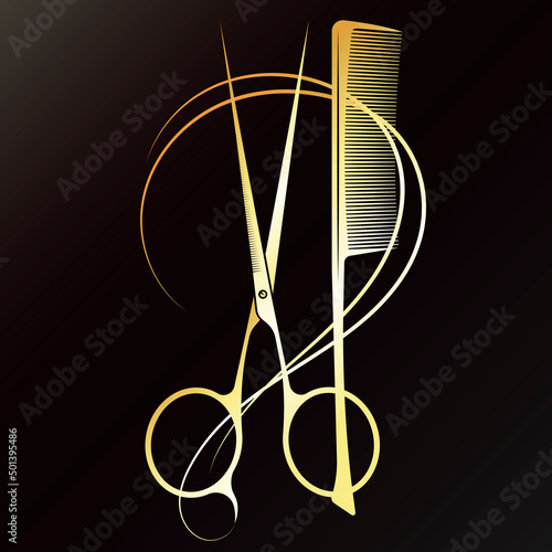 Golden scissors and comb symbol. Beauty salon and hair care