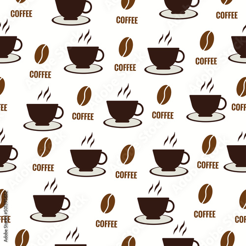 Pattern with a cup and coffee beans. Abstract seamless pattern on white backdrop. Isolated object. Nature background. Seamless abstract geometric pattern. White background.