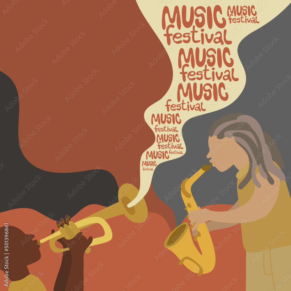 Pareja de músicos latinos tocando instrumentos de viento, trompeta y saxofón para festival de musica Pareja de músicos latinos tocando instrumentos de viento, trompeta y saxofón para festival de musica