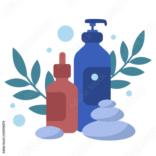 Set of different cosmetics, bottles, jars, body butter, cream. Eco beauty products with leaves. Vector illustration