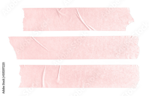 Set of three pink blank paper tape stickers isolated on white background
