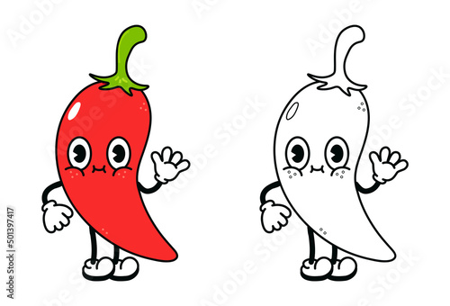 Cute funny chili pepper waving hand character outline cartoon illustration for coloring book. Vector hand drawn traditional cartoon vintage, retro, chili pepper character. Isolated on white background