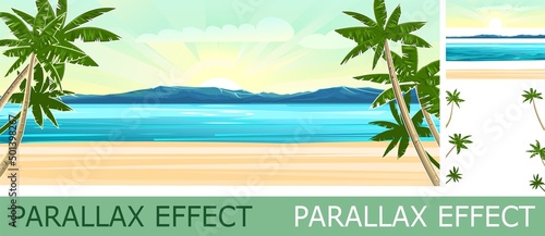 Beach. Seaside landscape with parallax effect. Tropical trees by the sea, ocean. Mountains in the distance on the horizon. Grass and thickets in the sand. Illustration. Vector