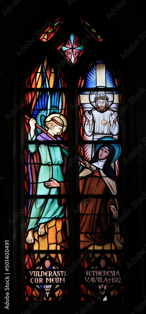 Amsterdam Krijtberg Church Stained Glass Window Depicting Saint Teresa of Avila, an Angel with a Spear and Christ, Netherlands