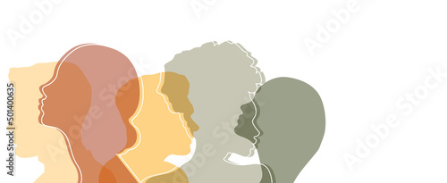 Group side silhouette men and women of different culture