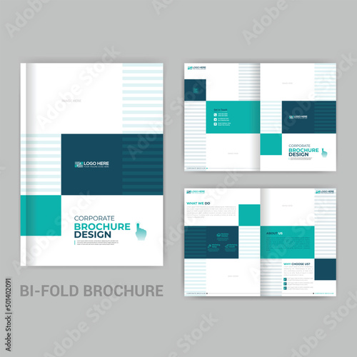 Vector of bi-fold brochure design templates in blue and green on the grey background