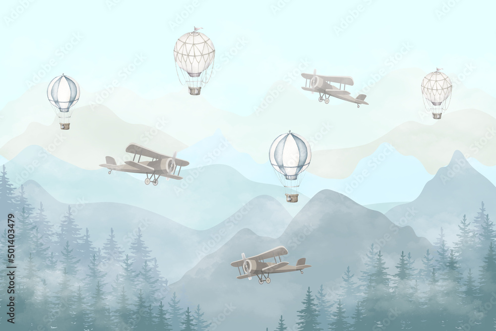 Illustration of flying planes and balloons with a blue background. Slightly misty forest and high mountains. Kids wallpaper style. - obrazy, fototapety, plakaty 