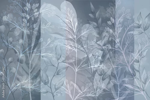 Obraz Abstract illustration of a pattern in the shape of tree branches and leaves. Dark blue colours, geometric shapes, squares. Gradient, pattern. Wallpaper use, mural, fresco.