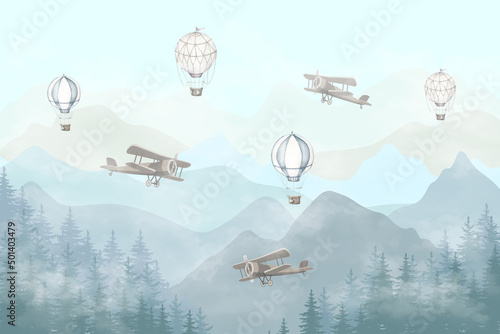 Fototapeta Illustration of flying planes and balloons with a blue background. Slightly misty forest and high mountains. Kids wallpaper style.