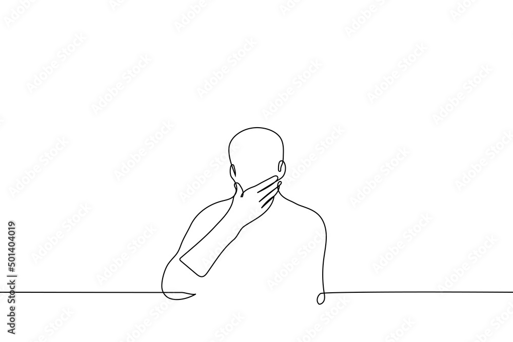 man silhouette stroking his chin - one line drawing vector. concept after shaving, thinking, shock and closing mouth, cover mouth when yawning, coughing or sneezing man silhouette stroking his chin - one line drawing vector. concept after shaving, thinking, shock and closing mouth, cover mouth when yawning, coughing or sneezing