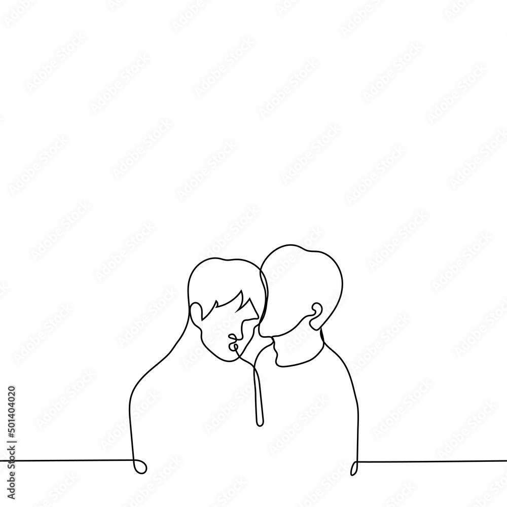 man whispers in the ear of another and he opened his mouth in surprise - one line drawing vector. concept to report shocking news, spread gossip, spread scandalous secrets man whispers in the ear of another and he opened his mouth in surprise - one line drawing vector. concept to report shocking news, spread gossip, spread scandalous secrets