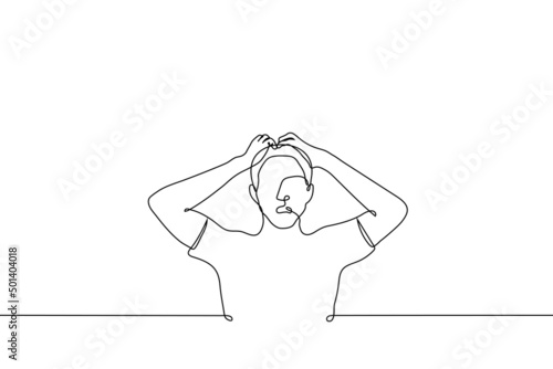 man stands in horror clutching his head - one line drawing vector. concept of horror, despair, shock, surprise