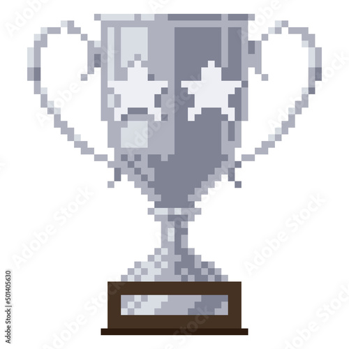 Silver cup on a wooden stand with a nameplate pixel icon. Second place award trophy goblet with stars. Pixel style.